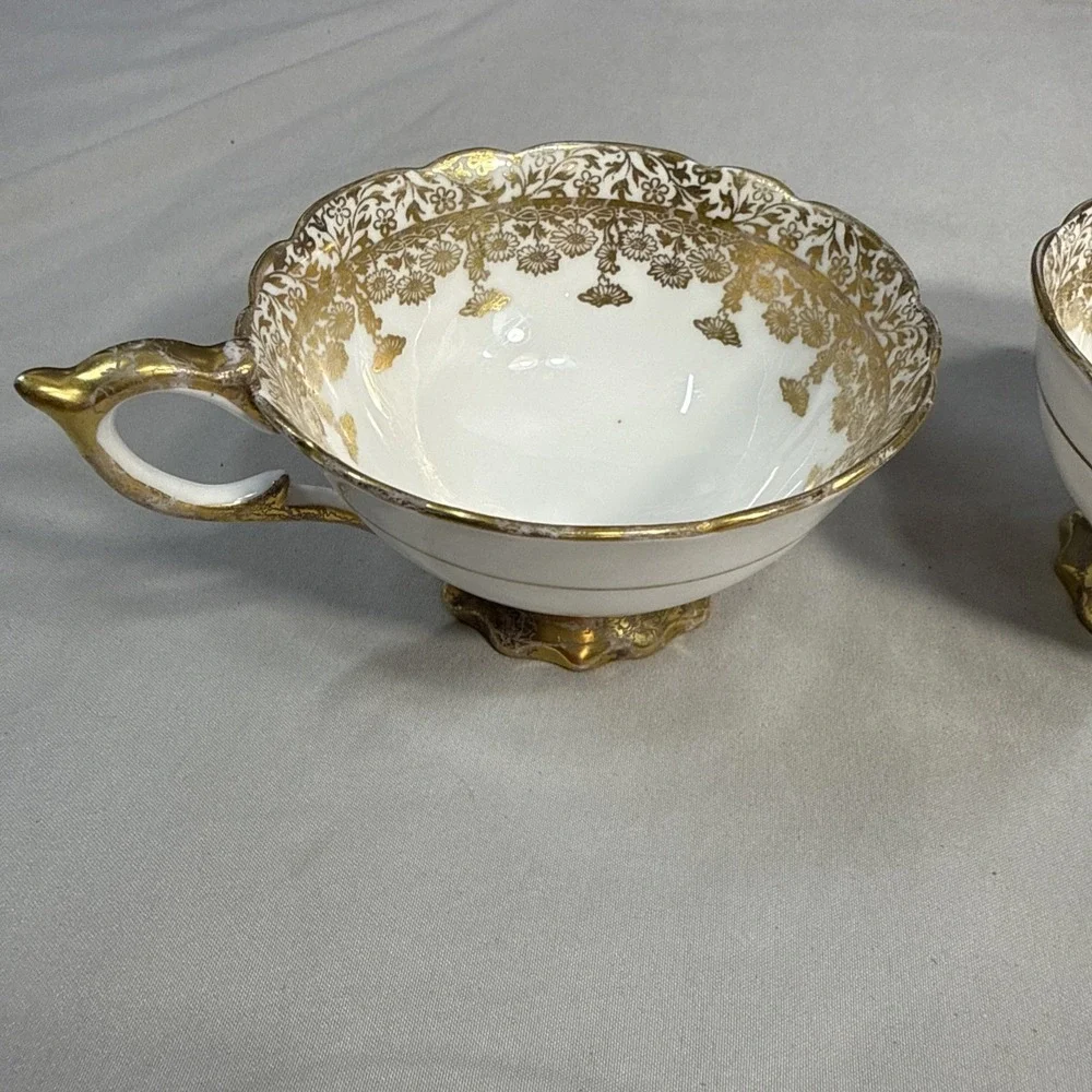 Vintage Royal Stafford 8345 Bone China Teacups White Gold Floral Pair 2 England